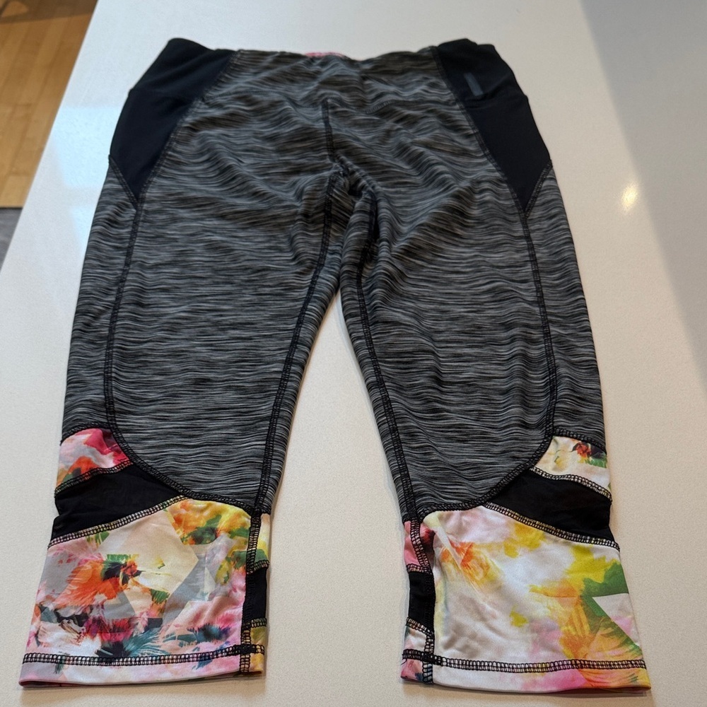 RBX Leggings with Floral and Black Mesh Accents, Over the Knee Length, Size L